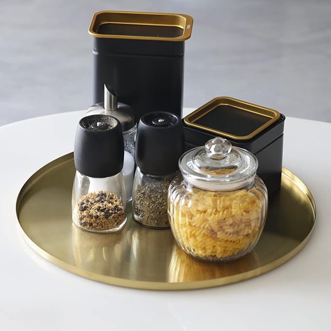 FREELOVE Gold Serving Tray, Decorative Platters and Trays for Perfume Jewelry Comestics Food Coffee Tea Candle, Bath Vanity Counter Bathroom Table (Light Gold, 14 inch)