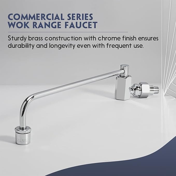Swing Spout Brass Wok Range Faucet, 1/2" NPT Male Inlet, Commercial Grade Wall Mounted Kitchen Sink Faucet with 12" Swivel Spout