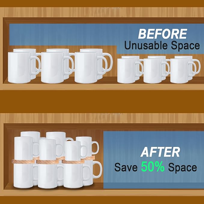 6 Pack Wooden Coffee Mug Stackers, Mug Organizer for Kitchen Cabinet,Equipped with Food Grade Non-Slip Pad,Only for Mugs with a Calibre ≤3.93 inches,Save Cupboard 50% Space