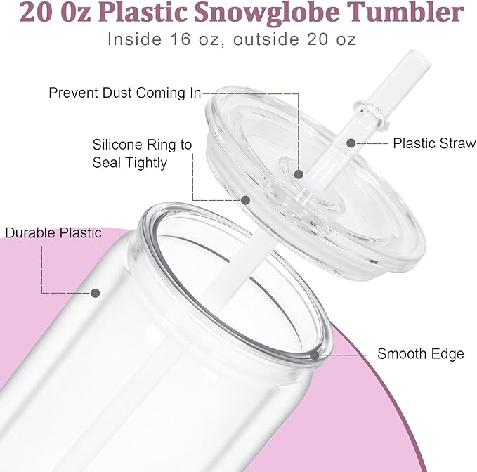 Maucircol 15 Pack Acrylic Snow Globe Tumbler, 20 Oz Pre Drilled Double Wall Snow Globe Supplies Kit, Plastic Snowglobe Tumbler DIY Kit Including Cups and DIY Tools