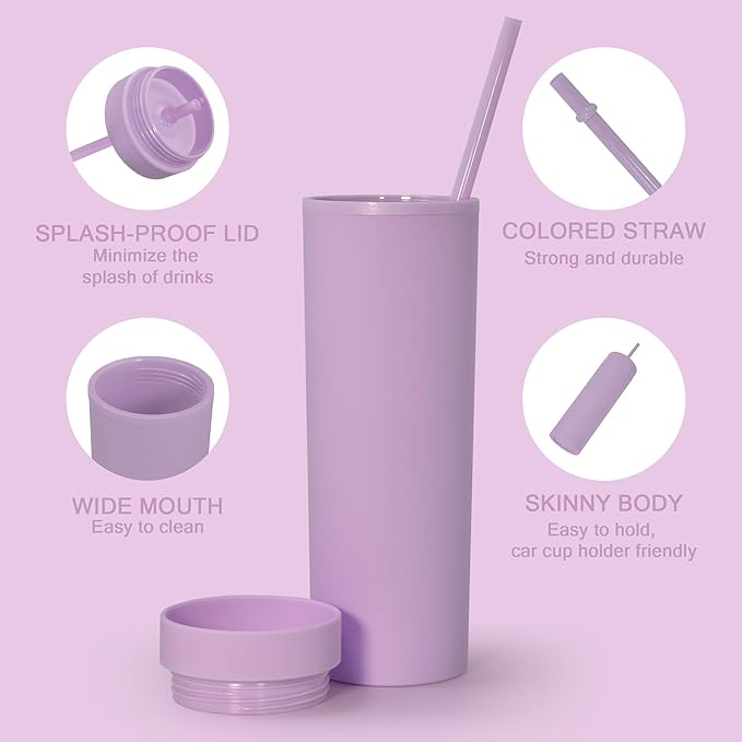 sweet grain Skinny Tumblers with Lids and Straws(6 Pack) - 16oz Matte Pastel Colored Skinny Acrylic Tumblers, Double Wall Plastic Tall Skinny Tumblers Bulk for Cold Hot Drinks - Purple