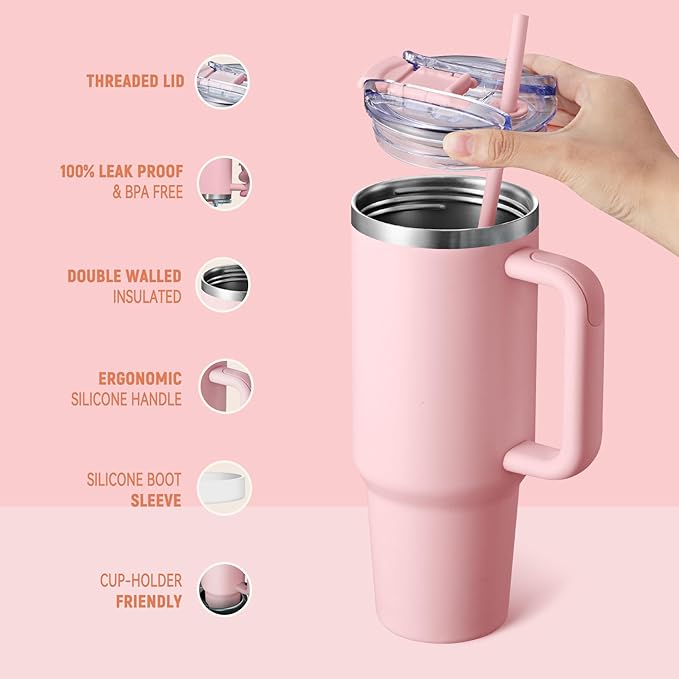 COKTIK 40 oz Tumbler With Handle and Straw, Insulated Tumbler With Leakproof Lids, Stainless Steel|BPA-Free, Cold for 24 H (Blush)