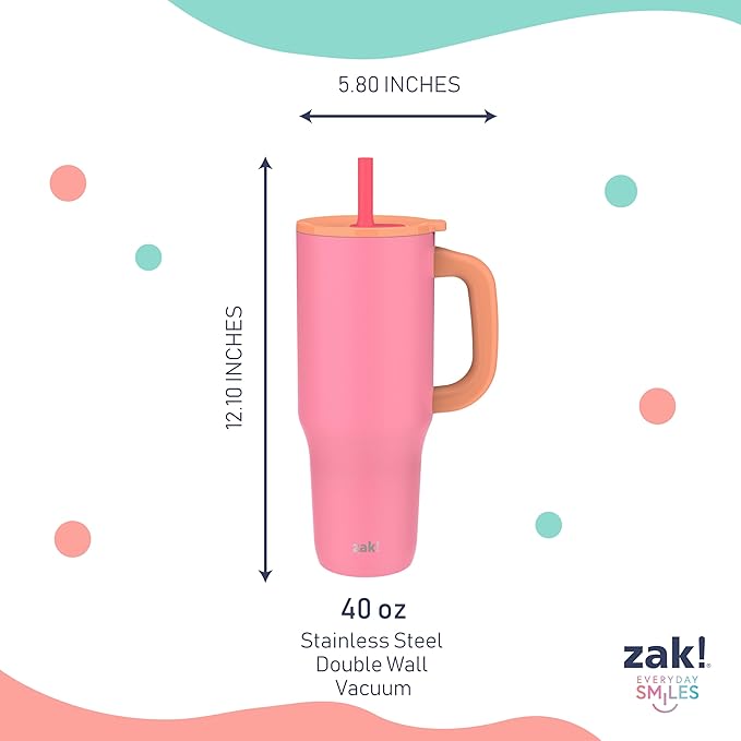 Zak Designs Sutton Travel Tumbler for On the Go, 40oz Stainless Steel with Vacuum Insulation, Silicone Straw, and Carry Handle for Cold Drinks (So Sweet Pink)