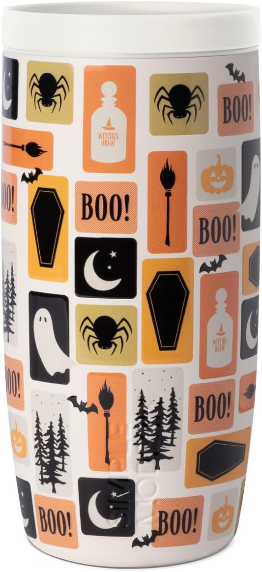 Simple Modern Halloween Signature Voyager | 16oz Travel Coffee Mug Tumbler with 360° Lid | Gift for Her Him | Ceramic-Lined Insulated Stainless Steel Cold Brew Iced Coffee Cup | Spooky Stamps on Cream
