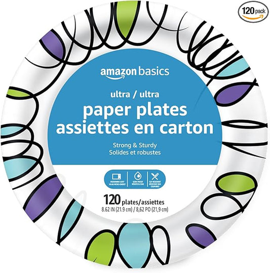 Amazon Basics Ultra Paper Plates, 8.62 Inch, Disposable, Cut Resistant, Soak-Proof, Microwave-Safe, 120 Count