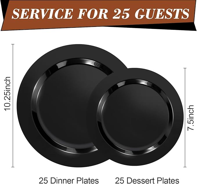 50PCS Plastic Plates for 25 Guests - 25 Dinner (10.25 inch) and 25 Dessert (7.5 inch) Black Disposable Plates for Party, Wedding and Dinner