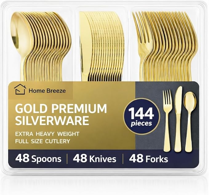 144 Pack Gold Premium Heavy Duty Plastic Silverware, 48 Forks, 48 Spoons, 48 Knives, For Catering, Parties, Dinners and Weddings, BPA-Free, Disposable Plastic Cutlery Set Utensils Set