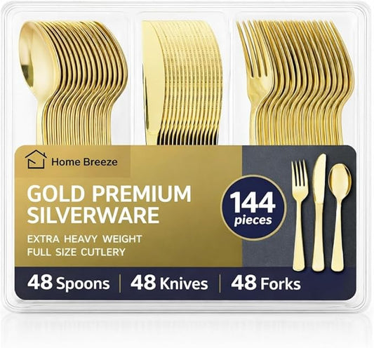 144 Pack Gold Premium Heavy Duty Plastic Silverware, 48 Forks, 48 Spoons, 48 Knives, For Catering, Parties, Dinners and Weddings, BPA-Free, Disposable Plastic Cutlery Set Utensils Set