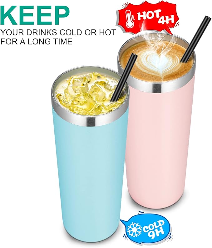 VEGOND Stainless Steel Skinny Tumbler, 20 oz Vacuum Insulated Tumbler with Lid and Straw, Double Wall Coffee Cup, Travel Mug for Cold Hot Drinks, Light Pink 1 Pack