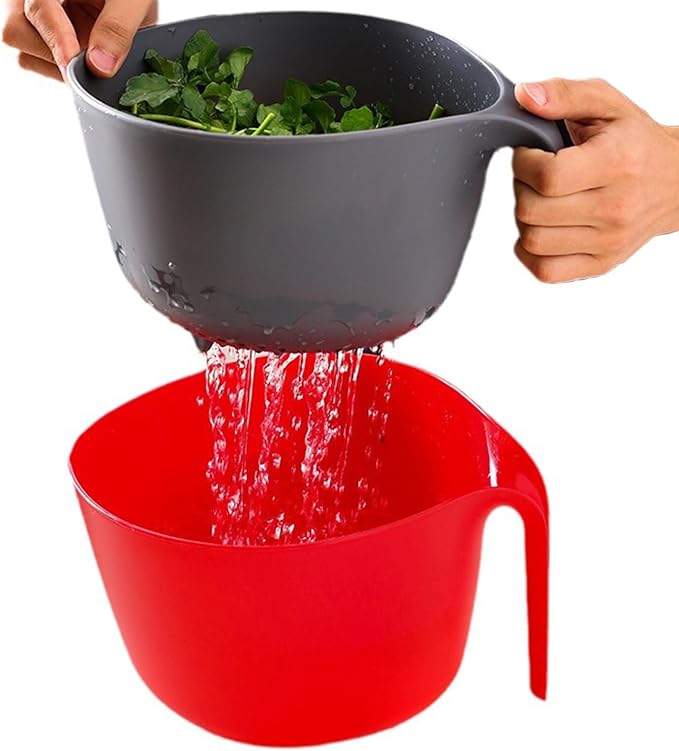 2 Pcs Plastic Mixing Bowls with Colander, 5qt - Nesting Bowls for Kitchen Cooking and Baking Supplies, Red & Gray (Red)