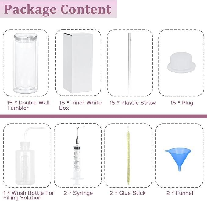 Maucircol 15 Pack Acrylic Snow Globe Tumbler, 20 Oz Pre Drilled Double Wall Snow Globe Supplies Kit, Plastic Snowglobe Tumbler DIY Kit Including Cups and DIY Tools