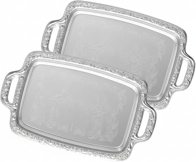 2 Pcs Silver Serving Tray Elegant Floral Metal Plate Silver Platter for Buffet Wedding Party Jewelry Decorative (Oblong with Handle)