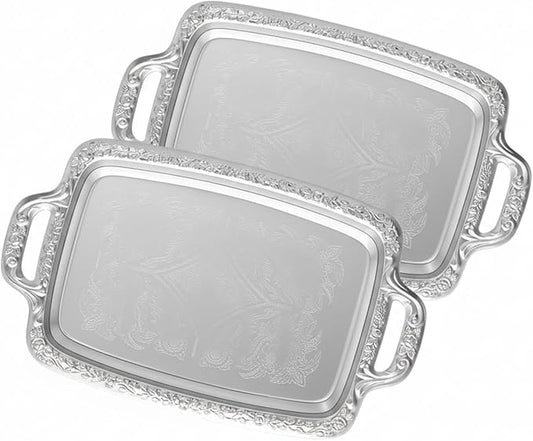 2 Pcs Silver Serving Tray Elegant Floral Metal Plate Silver Platter for Buffet Wedding Party Jewelry Decorative (Oblong with Handle)