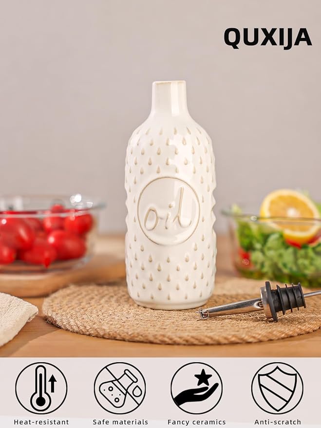 Ceramic Olive Oil Dispenser Bottle,15 Oz Oil Dispenser for Kitchen Counter,Suitable for Storage Oil, Vinegar, Coffee Syrups & Other Liquids (Vintage White)