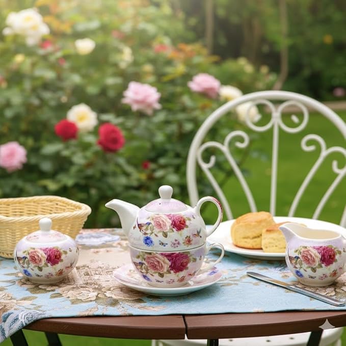 ONEUSTAR Tea for One Set Ceramic Floral Teapot and Cup Saucer Set for Women Mother's Day Birthday Gift in Reusable Handmade Gift Box, Pink