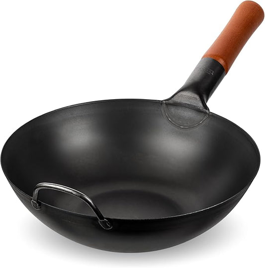 YOSUKATA 11.8" Carbon Steel Wok Pan – Pre-Seasoned Flat Bottom Pow Wok for Stir Fry, BBQ, Grill & Camping – Traditional Japanese Chinese Cookware – Compatible with Induction, Electric, Gas, Open Fire