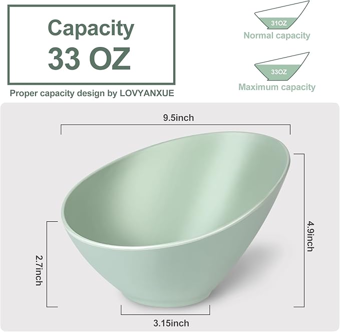 Bamboo Fiber Salad Bowls, 4 Packs Serving Bowls Blue Green, Compostable 33 Ounce Elegant Angled Bowls for Salad, Pasta, Soup, Prep, Ideal for Home and Restaurant