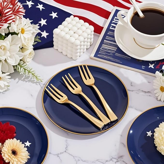 Festiva 200Pcs Navy Blue Gold Dessert Plates 6.3" with Plastic Forks 5"- Small Disposable Plates- Dessert/Cake/Appetizer Plastic Plates include 100Plates 100Forks for Birthday Party & Ramadan