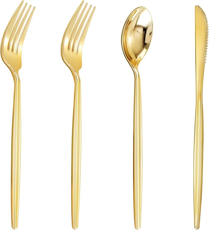 U-QE 120Pcs Gold Plastic Silverware, Luxury Plastic Cutlery, Heavy Weight Flatware, Gold Disposable Utensils Set Include 60 Forks, 30 Spoons,30 Knives for Party