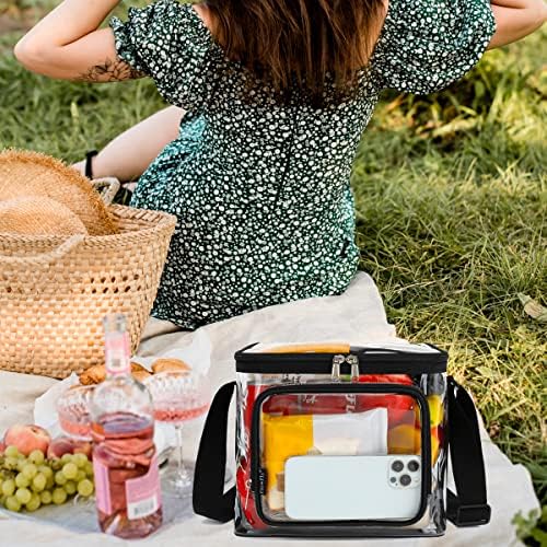 FlowFly Insulated Reusable Lunch Bag Adult Large Lunch Box for Women and Men with Adjustable Shoulder Strap,Front Zipper Pocket and Dual Large Mesh Side Pockets, Clear