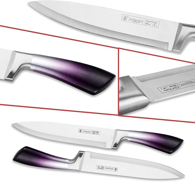 Purple Professional 9-Piece Kitchen Knife Set with Acrylic Block - Non Stick Sharp Stainless Steel Chef Knives with Sharpener