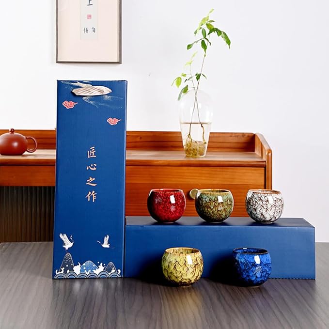 5Pcs Ceramic Tea Cup Set, 6oz Chinese Tea Cups with Designed Gift Box - 5 Stylish Colors