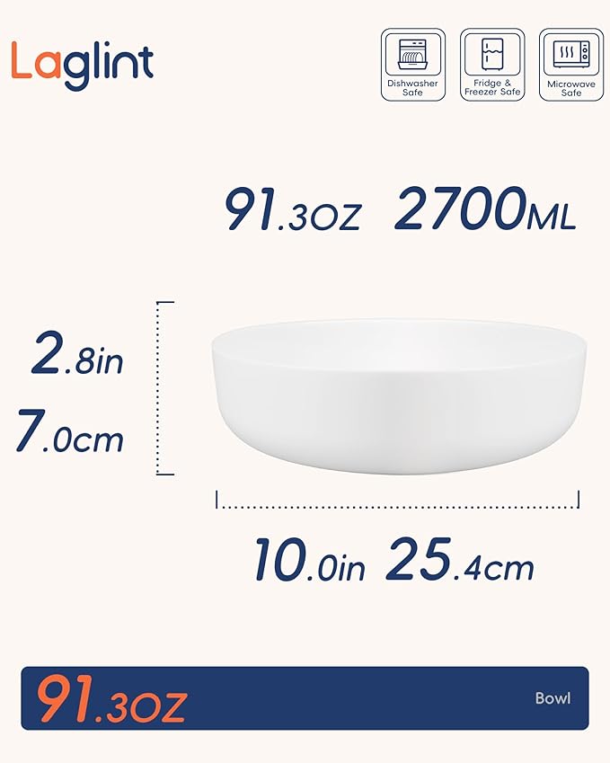 10 Inch 90 OZ Opal Glass Serving Bowls Set of 2, Extra Large White Salad Bowls for Kitchen, Microwave & Dishwasher Safe