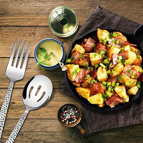 E-far Hammered Serving Utensils, 5-Piece Stainless Steel Square Hostess Serving Set for Buffet Party Kitchen Restaurant, Mirror Finished & Dishwasher Safe