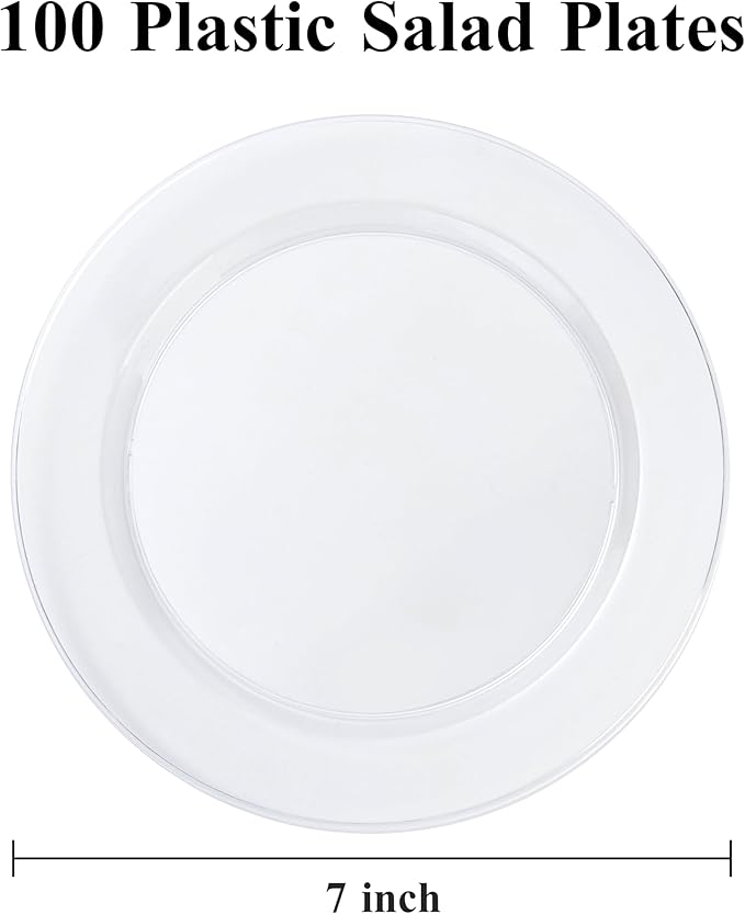 100PCS Clear Plastic Dessert Plates 7inch, Premium Hard Disposable Plates for Party, Wedding