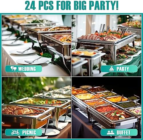 24 Pack Stainless Steel Large Serving Utensils Set - 10" Serving Spoons x 8, 10" Slotted Spoons x 8, and 9" Serving Tongs x 8 by Teivio, for Buffet, Chafing Dish, Catering Supplies (Silver)