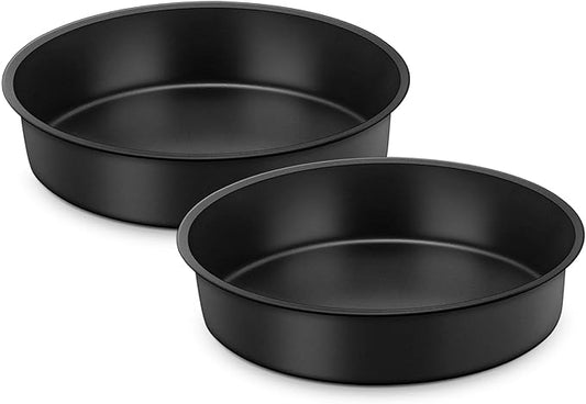 E-far 9½ Inch Cake Pans Set of 2, Nonstick Round Baking Pans Tins Set for Birthday Wedding Layer Smash Cakes, Stainless Steel Core & Nontoxic Coating, Straight Side & 2 Inch Deep (Black)