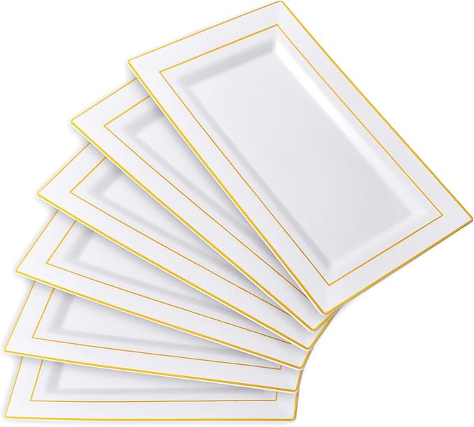 I00000 6 Pack Plastic Serving Trays, Gold Rim Disposable Serving Trays, Gold Disposable Serving Platter for Food Party Serving Platters and Plastic Trays 13.97x8.46 inches