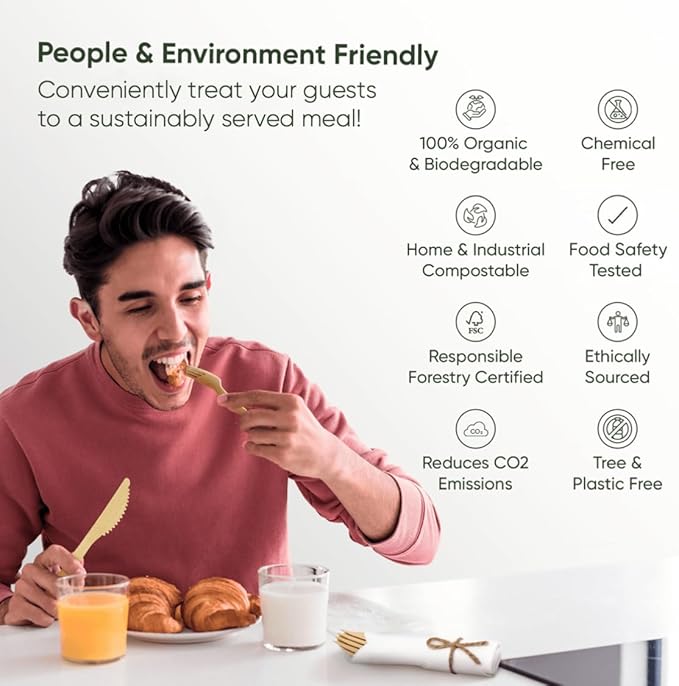 Premium Pre-Rolled Napkin and Bamboo Cutlery Set (50 Pack, 200 PCS) 100% Biodegradable, Eco-Friendly, Disposable Wrapped Cutlery - Includes Pre-Wrapped Bamboo Forks, Knives, Spoons, & Napkins