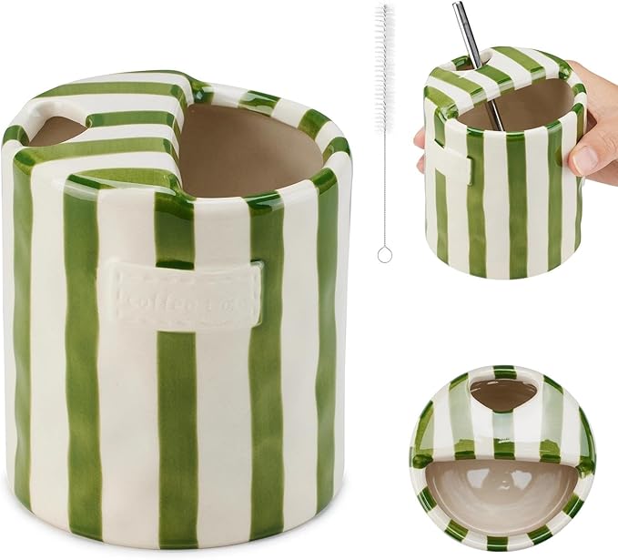 Ceramic Coffee 10oz Mug Hand-Painted Espresso Cup，Retro Ceramic Travel Mug For Kitchen, Dining-Green，Microwave Safe (Green Stripes)