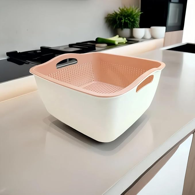 Kitchen Colander Drain Basin 2 in 1 Plastic Basket Strainer Bowl with Handle (white/pink)