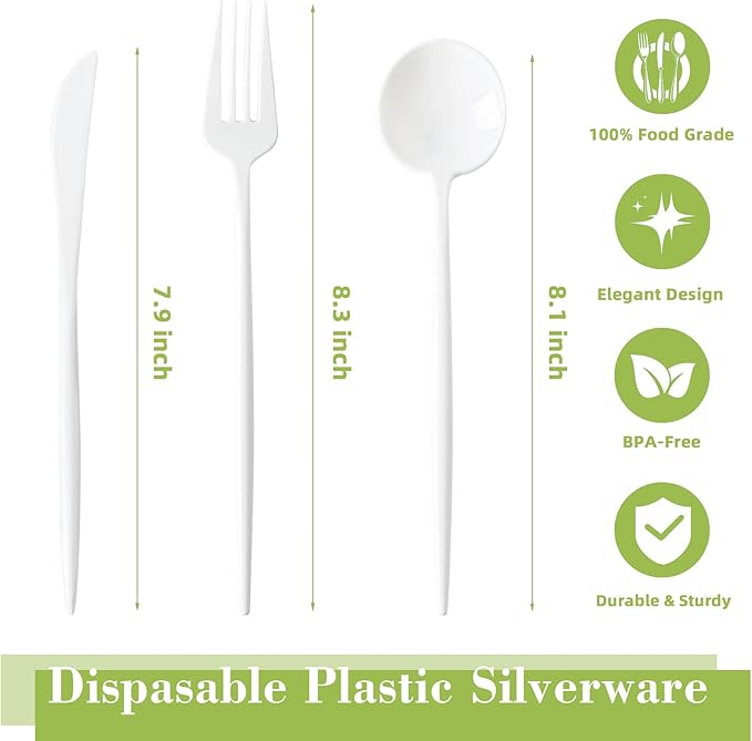 180PCS White Plastic Silverware,Heavy Duty Disposable Utensils Include 60 Forks,60 Spoons and 60 Knives,White Cutlery Plastic Silverware Sets for Party, Birthday,Wedding