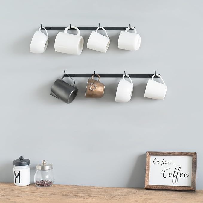 Dahey Metal Coffee Mug Rack Wall Mounted with 8 Hooks, Set of 2, Mug Display Rack Cup Holder Storage for Kitchen Dining Room Coffee Bar, Black