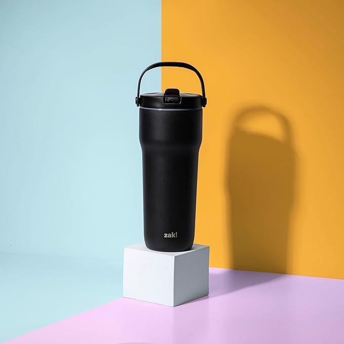 Zak Designs Sutton Travel Tumbler for On the Go, 30oz Stainless Steel with Vacuum Insulation, Straw Spout, Carry Handle for Cold Drinks (Ebony Black)