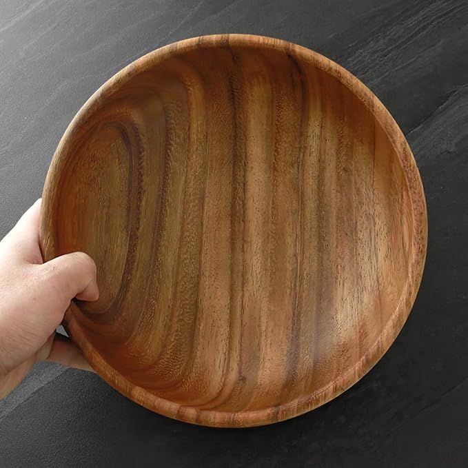 AOOSY Large Wooden Salad Bowl, Acacia Wood Salad Bowl with Salad Tongs, 9" x 2.8" Round Fruit Serving Bowl Set for Mixing Fruits Cereal Pasta,Set of 3