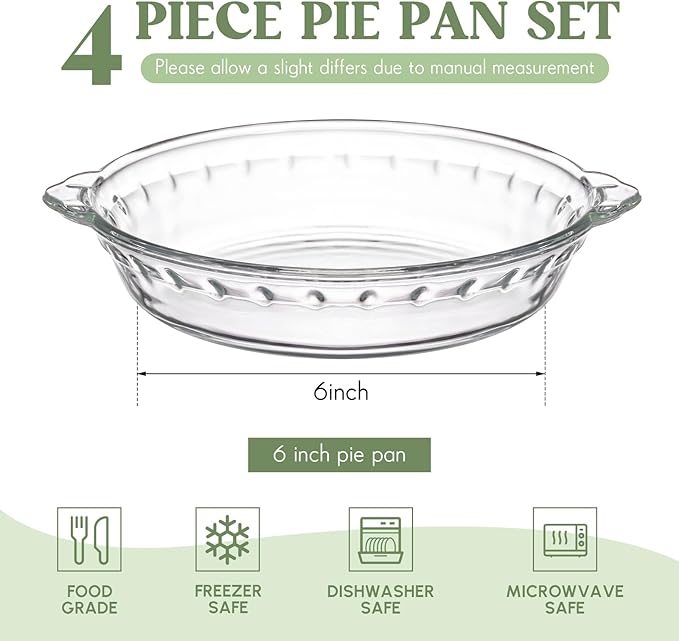 Uiifan 4 Pack 6 Inches Mini Glass Pie Pan for Baking 11.6 oz Clear Pie Plate with Handles Round Glass Dish for Baking and Serving, Snacks, Salads, Desserts