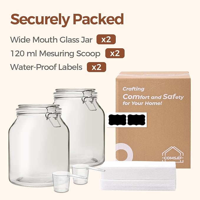 ComSaf Glass Jars with Airtight Lid 0.7 Gallon, Wide Mouth Mason Jars, Canning Jars, Large Glass Storage Containers with Lids, Flour Sugar Storage Container, Large Canister for Rice, Pickle, Set of 2