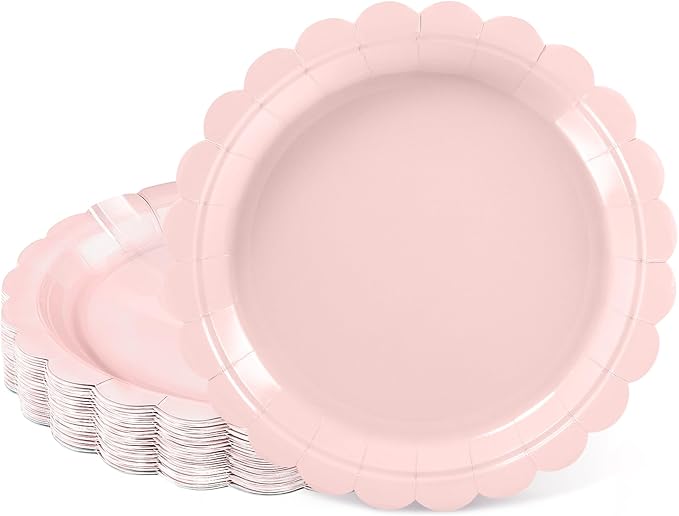 30 Pcs Pink Plates, 7 Inch Pink Dessert Cake Plates Scalloped Small Birthday Party Plate for Wedding, Bridal Baby Shower, Mothers Day