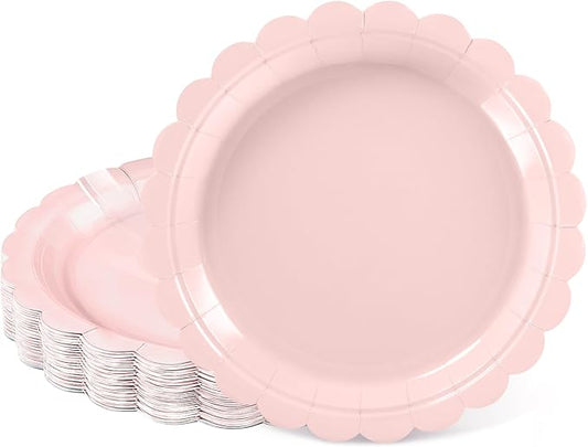 30 Pcs Pink Plates, 7 Inch Pink Dessert Cake Plates Scalloped Small Birthday Party Plate for Wedding, Bridal Baby Shower, Mothers Day