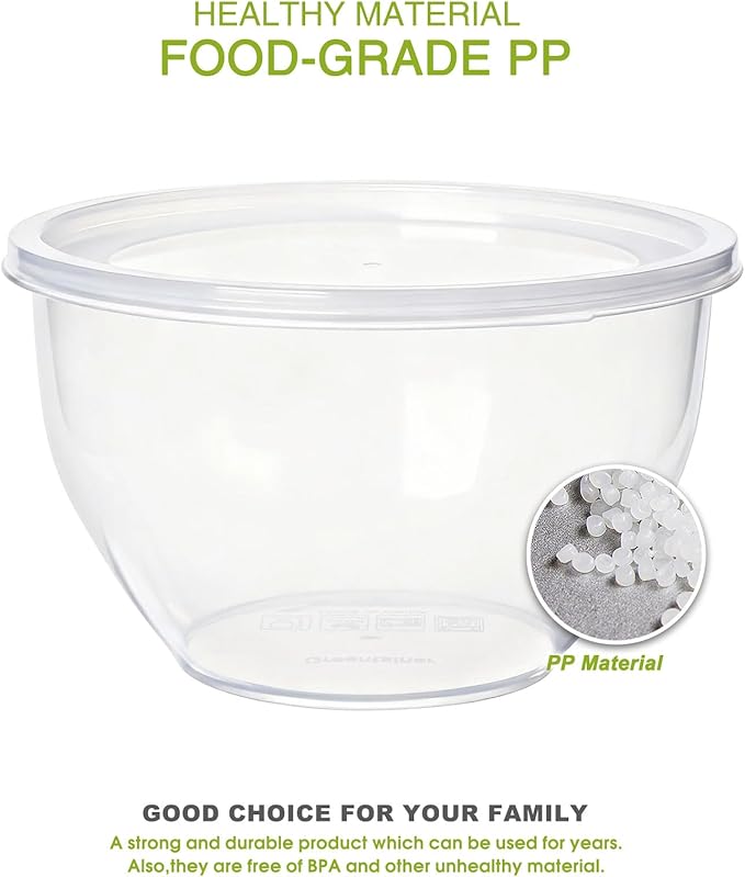 Plastic Mixing Bowls with Lids Set for Kitchen, Nesting Bowls for Mixing, Baking, Prepping, Cooking and Serving Food, Mixing Bowls Dishwasher, Microwave Safe (Clear)