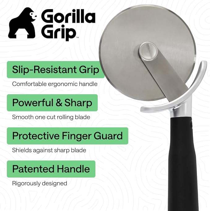 GORILLA GRIP Patented BPA-Free Large Pizza Cutter Wheel, 9 Inch, Extra Sharp Stainless Steel Blade, Slip Resistant Handle with Thumb Guard Protection, Slice Thick or Thin Pizzas, Pie, Pastries, Black