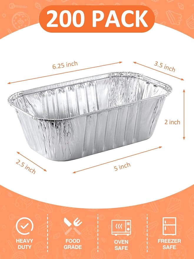 200 Pack 6x3.5x2 Disposable Aluminum Loaf Pans - 1 Lb Mini Loaf Pans, Small Aluminum Tin Foil Baking Pan, Food Containers for Baking, Cakes, Bread, Meat, Loaves