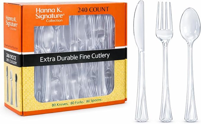 Hanna K. Signature 240 Count Clear Plastic Silverware Set, Heavyweight Elegant Disposable Cutlery Combo, 80 Forks, 80 Spoons, 80 Knives