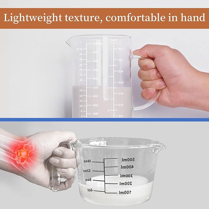 Newness Glass Measuring Cup with Handle, 1000 ML (1 Liter, 4 Cup) Measuring Cup with Three Scales (OZ, Cup, ML/CC) and V-Shaped Spout, Measuring Beaker for Kitchen or Restaurant, Easy to Read