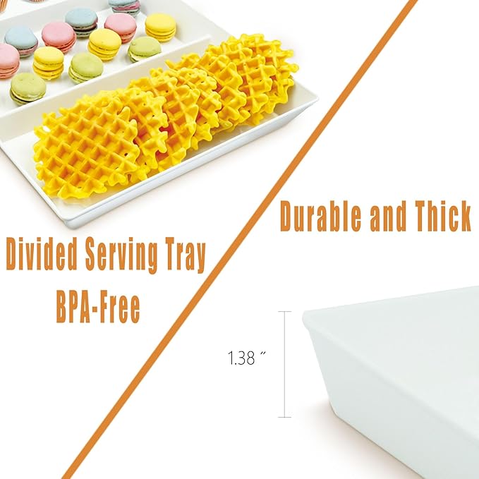 Divided Serving Tray Platter, 3 Pack 15" x 10" Fruit Veggie Food Tray for Party, Plastic Serving Trays for Appetizer, Snack, Dessert, Cookie, Brunch Decorations Platters, White Trays BPA-Free