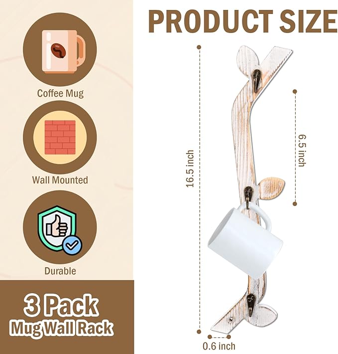 3 Pack Wood Coffee Mug Wall Rack with 9 Hooks Wall Mount Coffee Cup Holder White Espresso Cup Display Stand Tea Cup Hanger Display Wall for Kitchen Cafe Bar